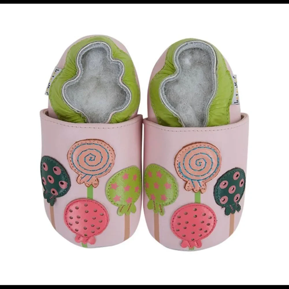 Baby leather slippers - Lollipop design in pinks and green colors for fun